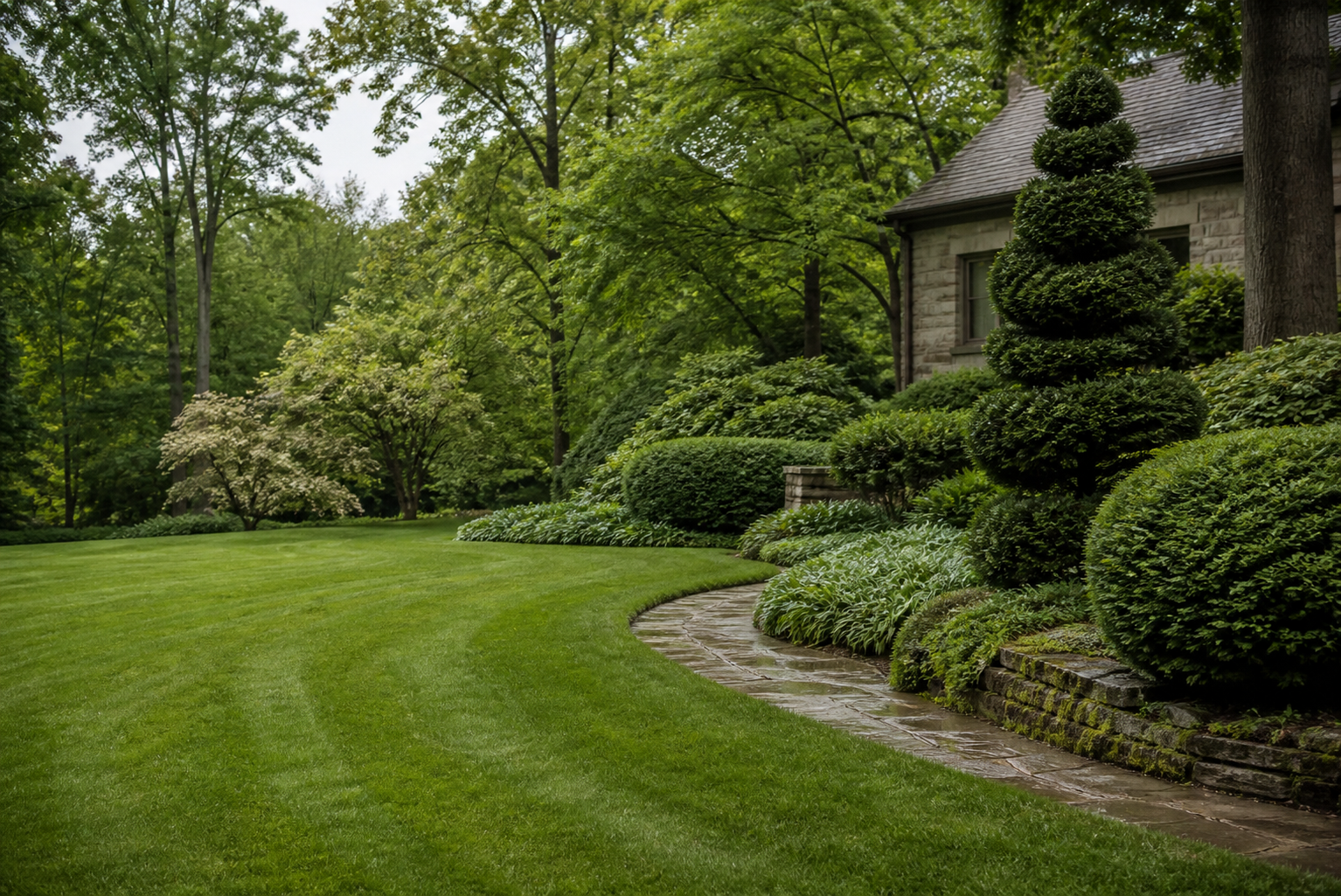 Original concept view of a curved lawn, layered garden beds, stone path, and sculpted topiary