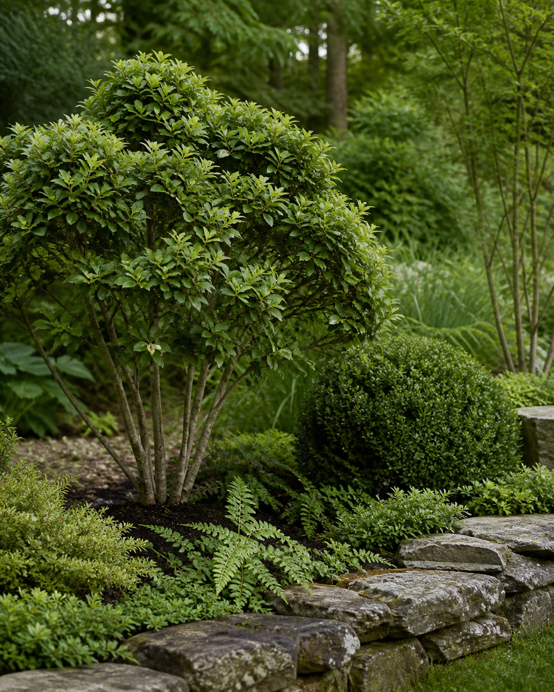 Original concept view of a carefully shaped ornamental shrub with layered green planting